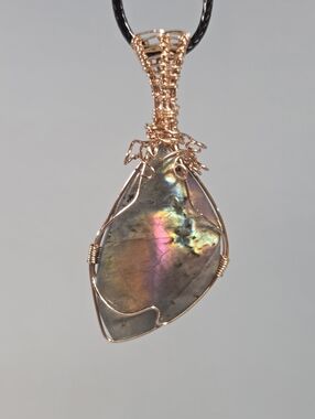 Genuine 999 Bronze Wire Woven Pendant With Gorgeous Sunset Rainbow Labradorite